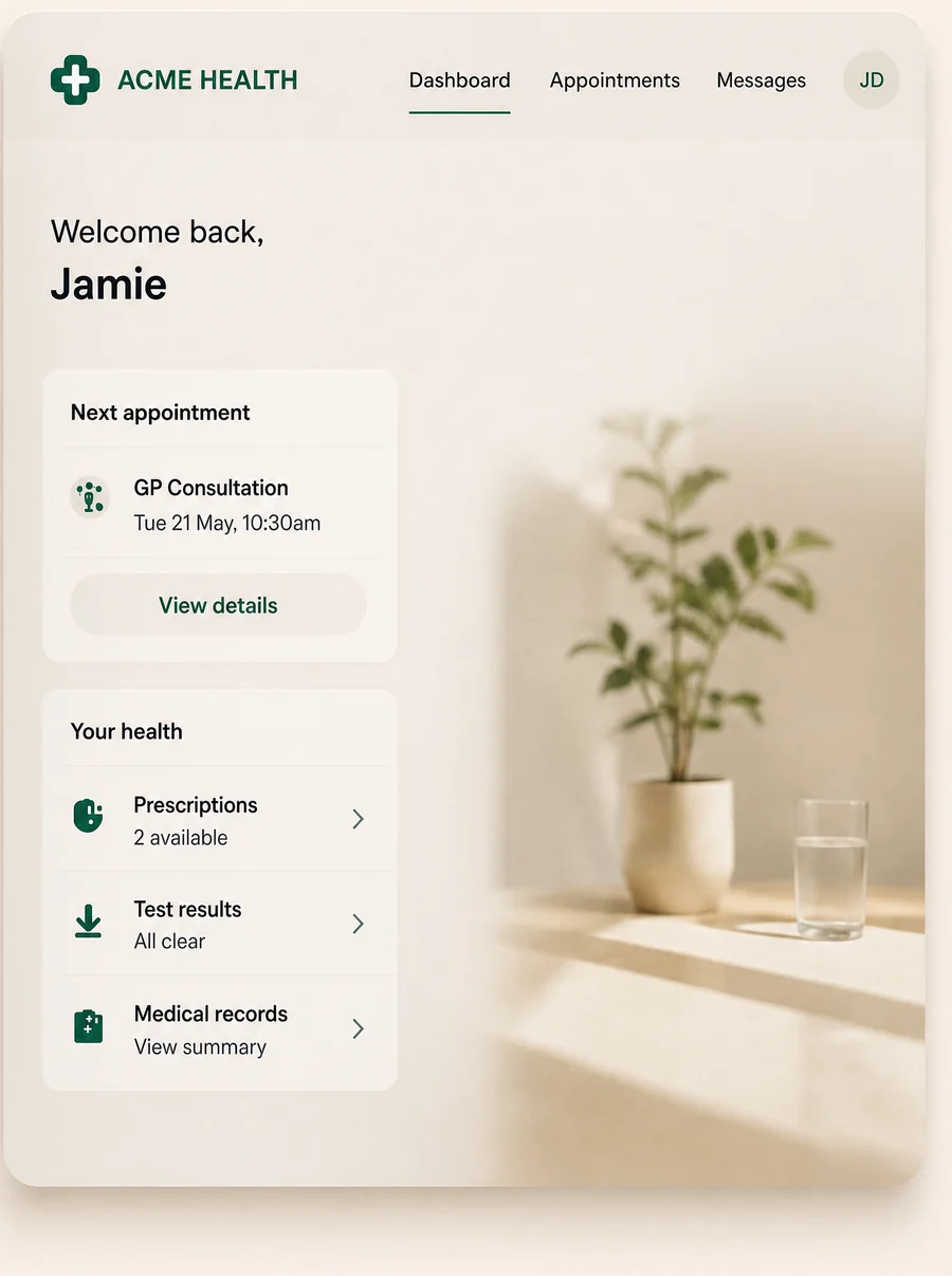 A light healthcare patient portal wearing the client brand
